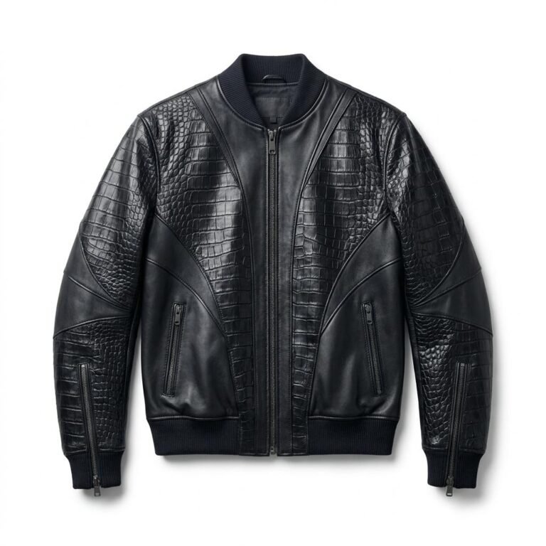 Men's Premium Black Crocodile Embossed Bomber Leather Jacket MAS Leather Garments
