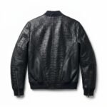 Men's Premium Black Crocodile Embossed Bomber Leather Jacket MAS Leather Garments Back View