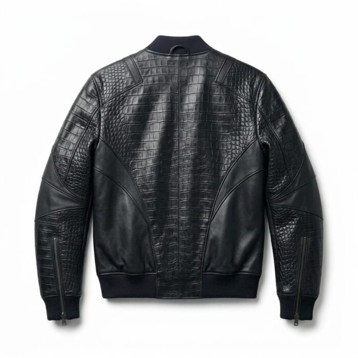 Men's Premium Black Crocodile Embossed Bomber Leather Jacket MAS Leather Garments Back View