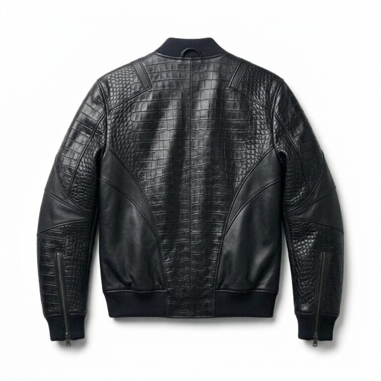 Men's Premium Black Crocodile Embossed Bomber Leather Jacket MAS Leather Garments Back View