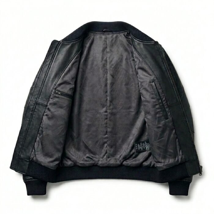 Men's Premium Black Crocodile Embossed Bomber Leather Jacket MAS Leather Garments Inner View