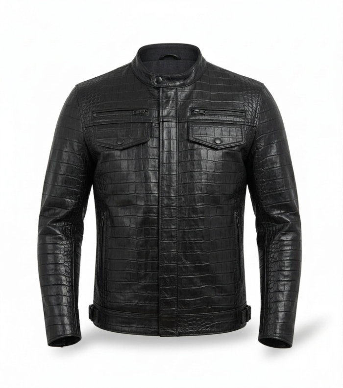 Men's Premium Black Crocodile Embossed Leather Jacket MAS Leather Garments