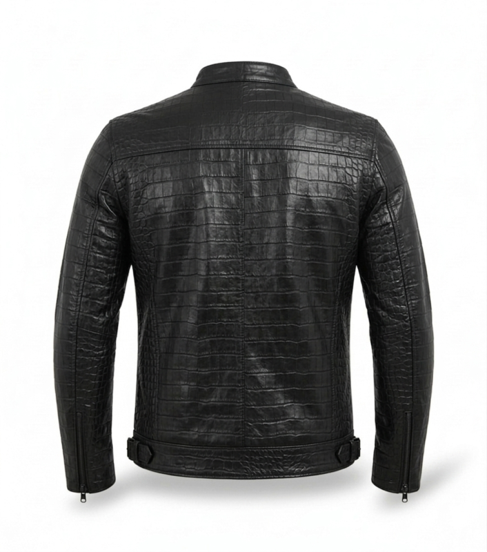 Men's Premium Black Crocodile Embossed Leather Jacket MAS Leather Garments Back View
