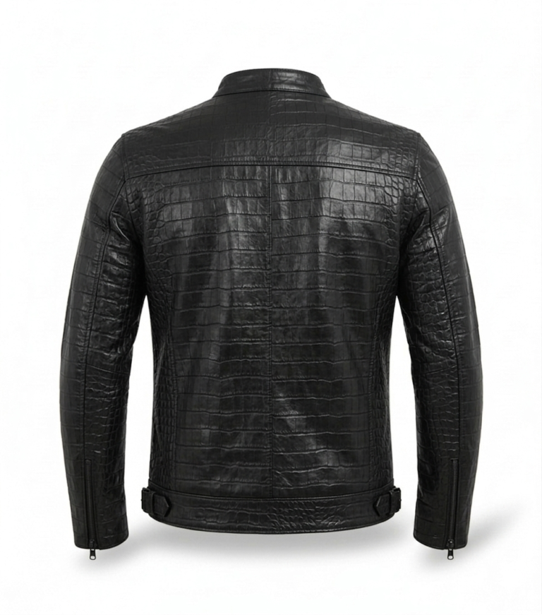 Men's Premium Black Crocodile Embossed Leather Jacket MAS Leather Garments Back View