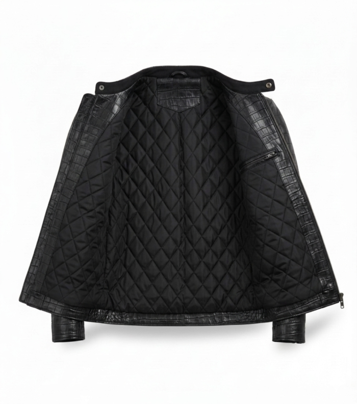 Men's Premium Black Crocodile Embossed Leather Jacket MAS Leather Garments Inner View