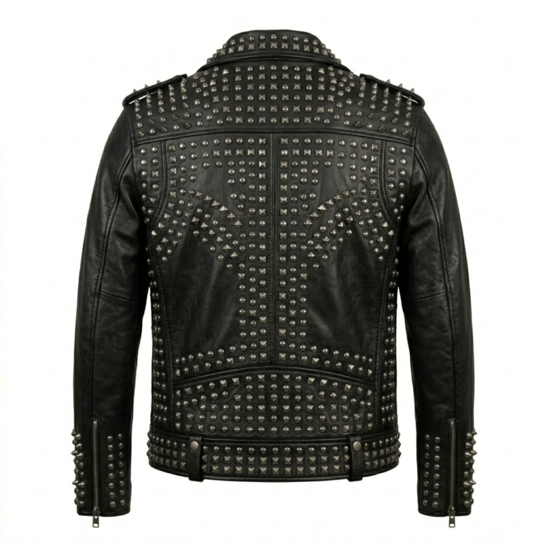 Men's Premium Black Studded Leather Jacket MAS Leather Garments Back View