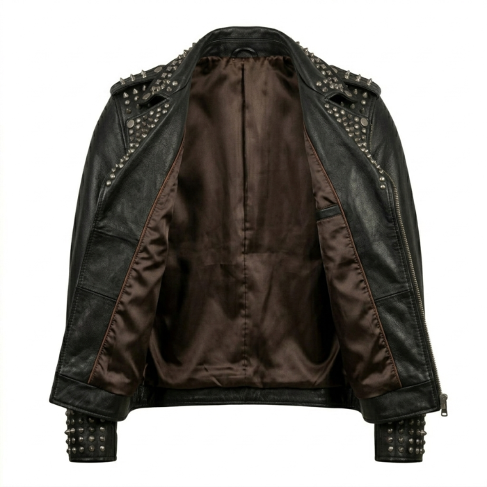 Men's Premium Black Studded Leather Jacket MAS Leather Garments Inner View