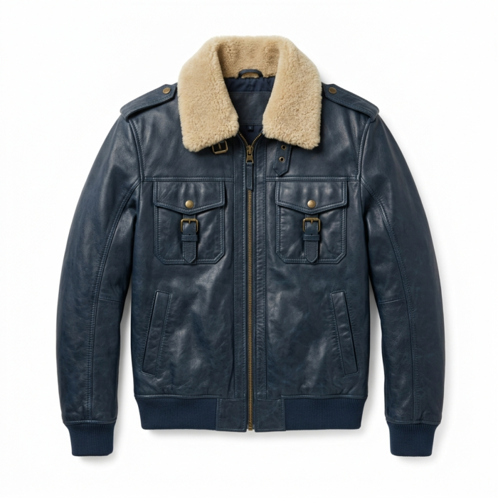 Men's Premium Blue Genuine Leather Aviator Jacket MAS Leather Garments