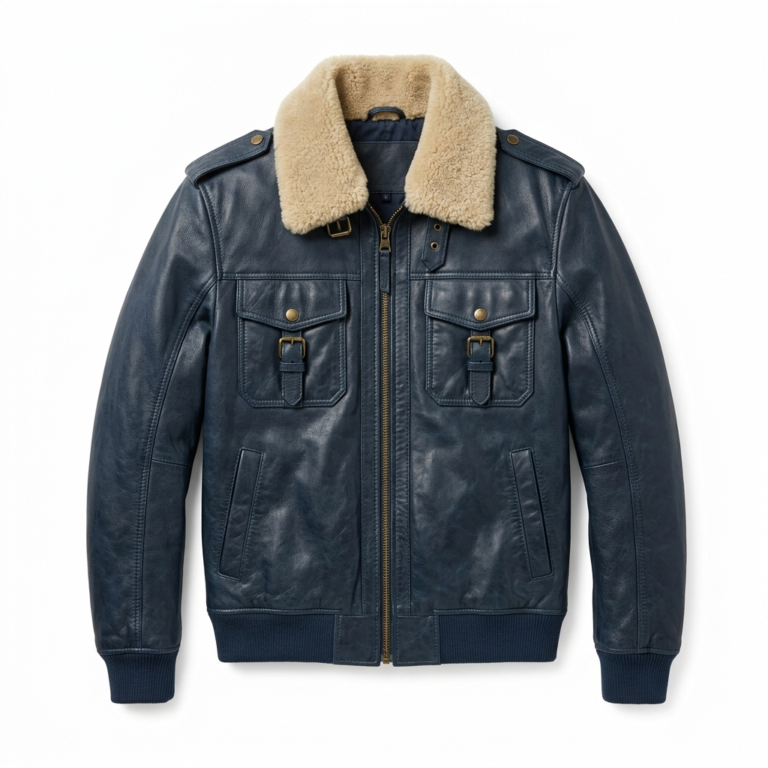 Men's Premium Blue Genuine Leather Aviator Jacket MAS Leather Garments