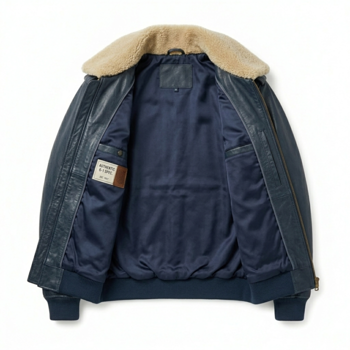 Men's Premium Blue Genuine Leather Aviator Jacket MAS Leather Garments Inner View