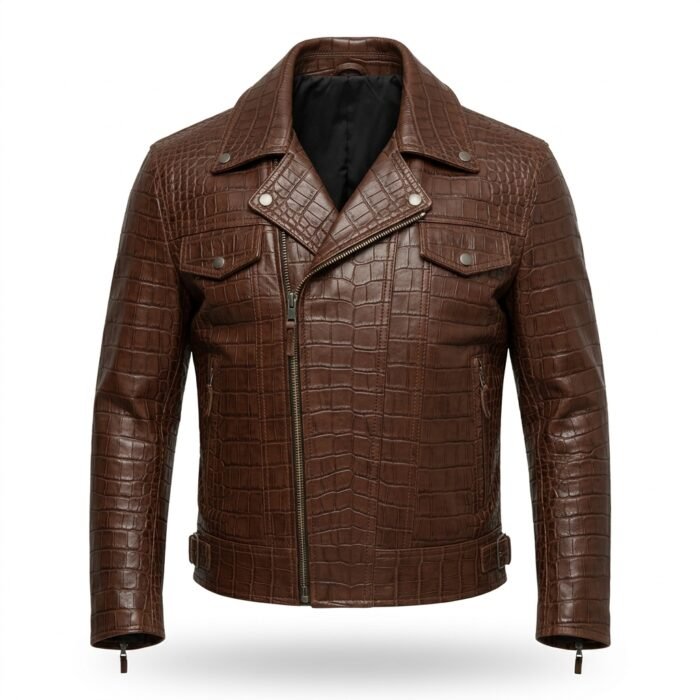 Men’s Premium Brown Crocodile Embossed Leather Jacket MAS Leather Garments