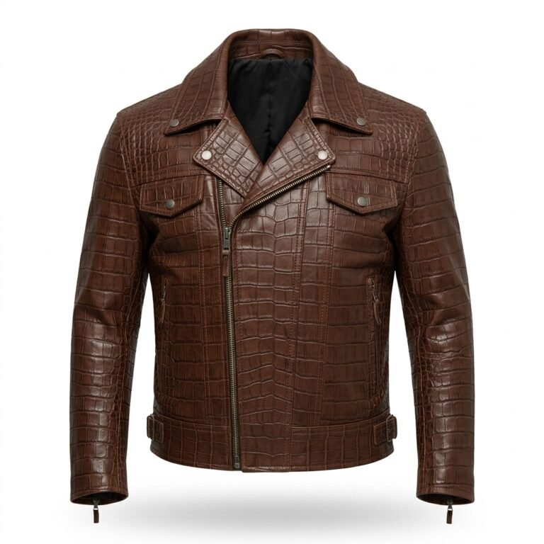 Men’s Premium Brown Crocodile Embossed Leather Jacket MAS Leather Garments