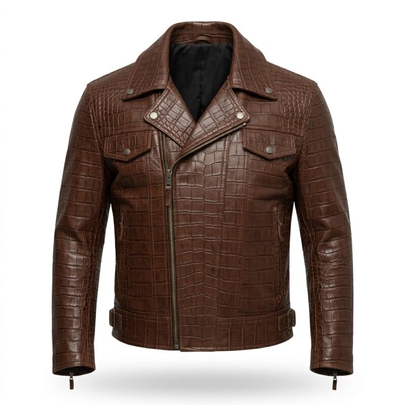 Men’s Premium Brown Crocodile Embossed Leather Jacket MAS Leather Garments