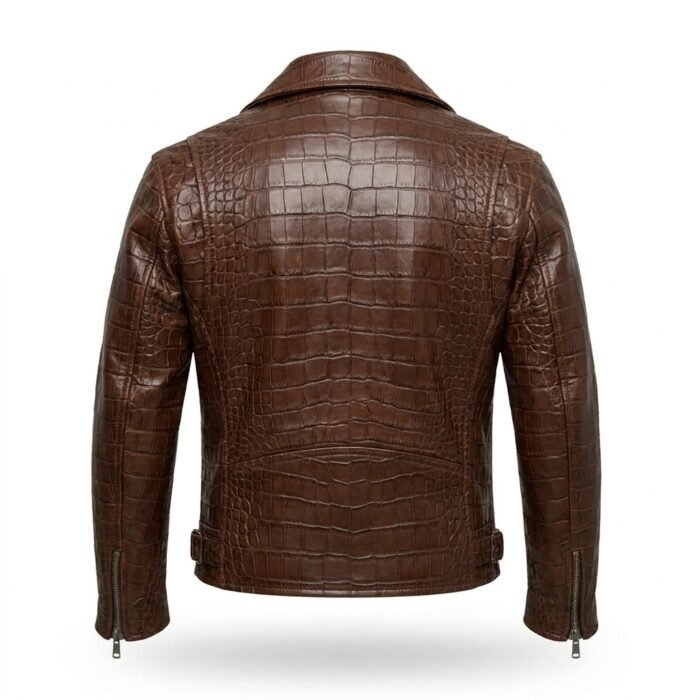 Men’s Premium Brown Crocodile Embossed Leather Jacket MAS Leather Garments Back View
