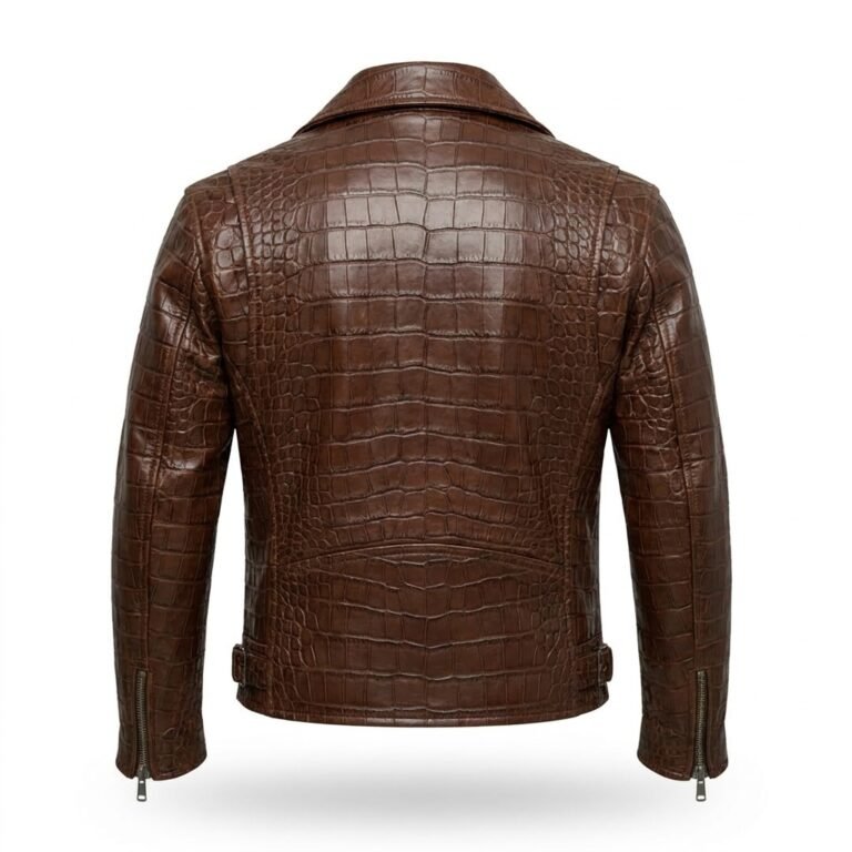 Men’s Premium Brown Crocodile Embossed Leather Jacket MAS Leather Garments Back View