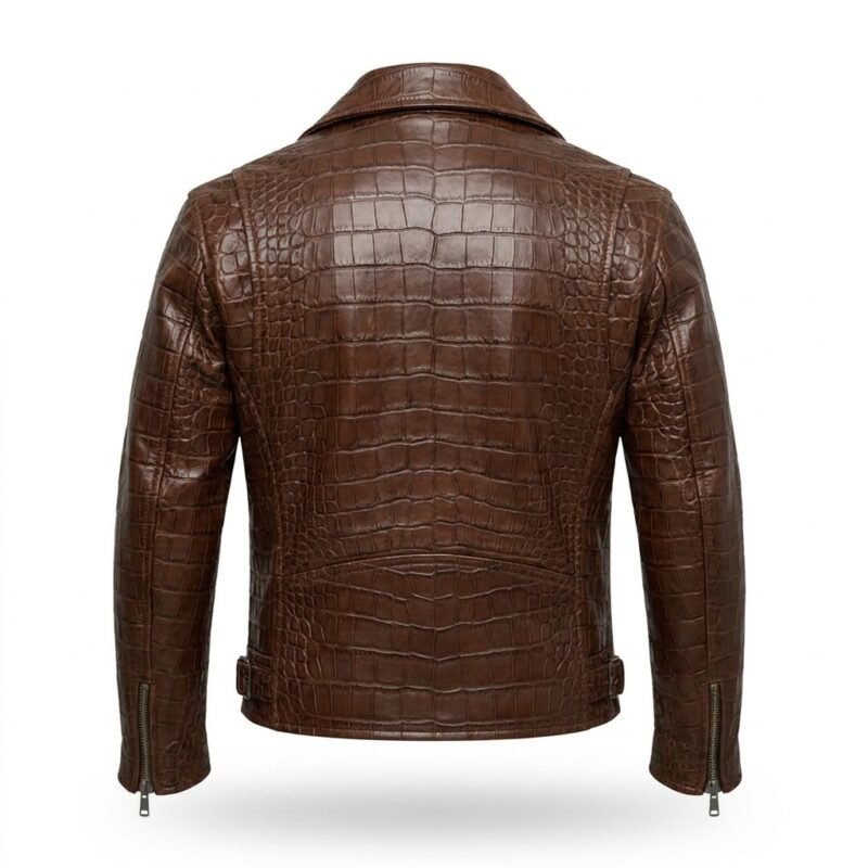 Men’s Premium Brown Crocodile Embossed Leather Jacket MAS Leather Garments Back View