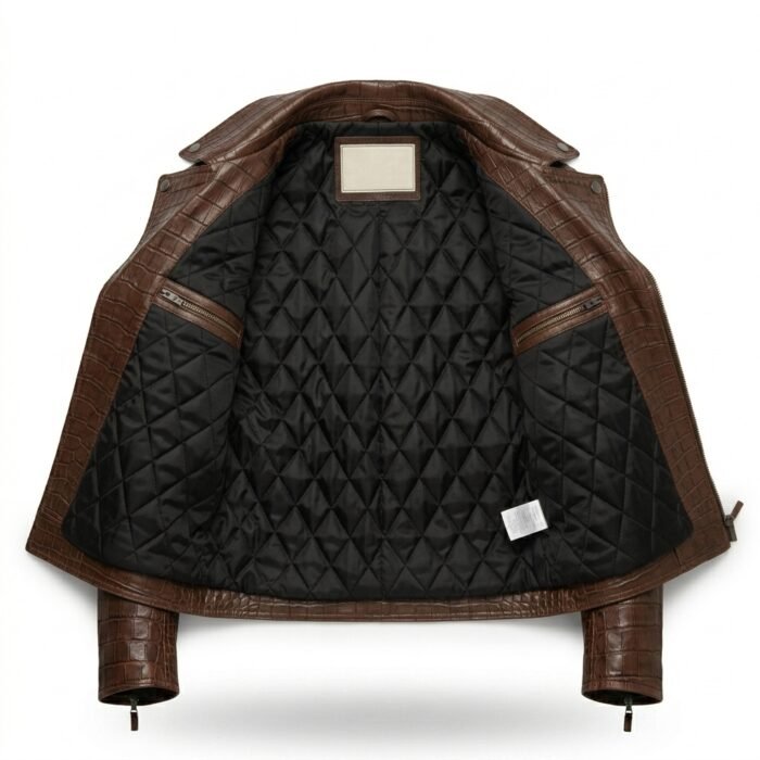 Men’s Premium Brown Crocodile Embossed Leather Jacket MAS Leather Garments Inner View
