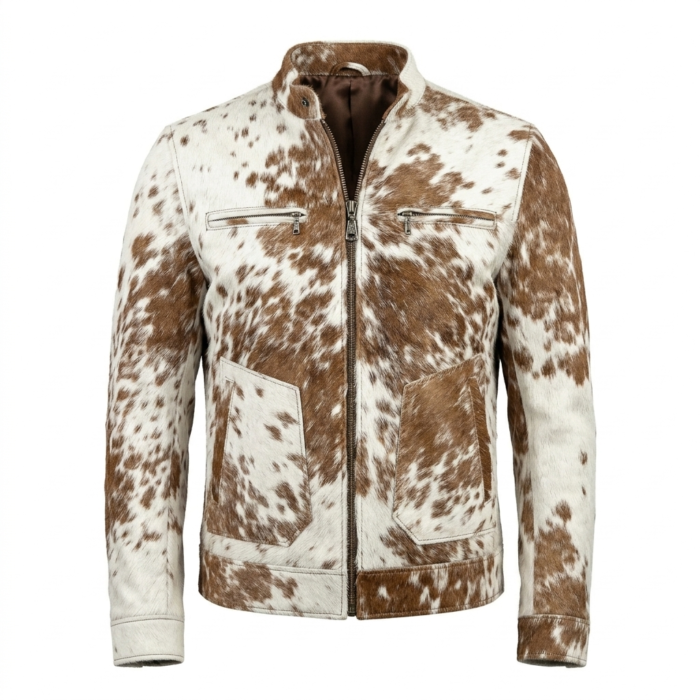 Men's Premium Brown White Pony Hair Leather Jacket MAS Leather Garments