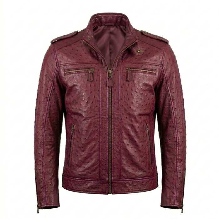 Men's Premium Burgundy Ostrich Embossed Leather Jacket MAS Leather Garments