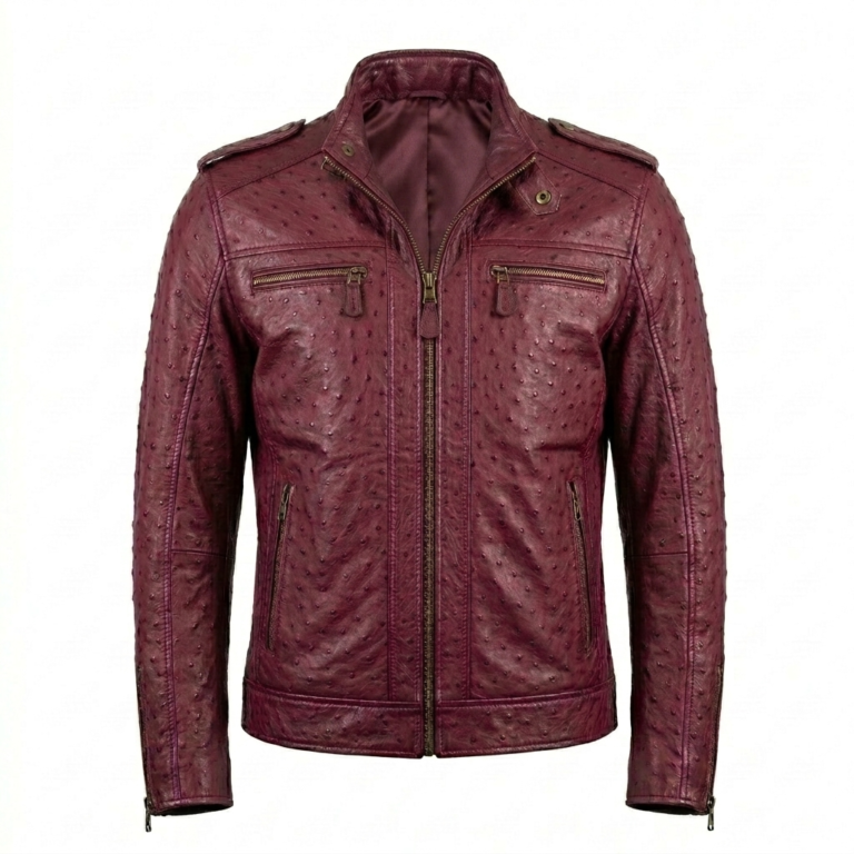 Men's Premium Burgundy Ostrich Embossed Leather Jacket MAS Leather Garments