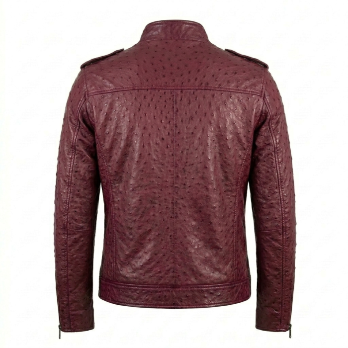Men's Premium Burgundy Ostrich Embossed Leather Jacket MAS Leather Garments Back View