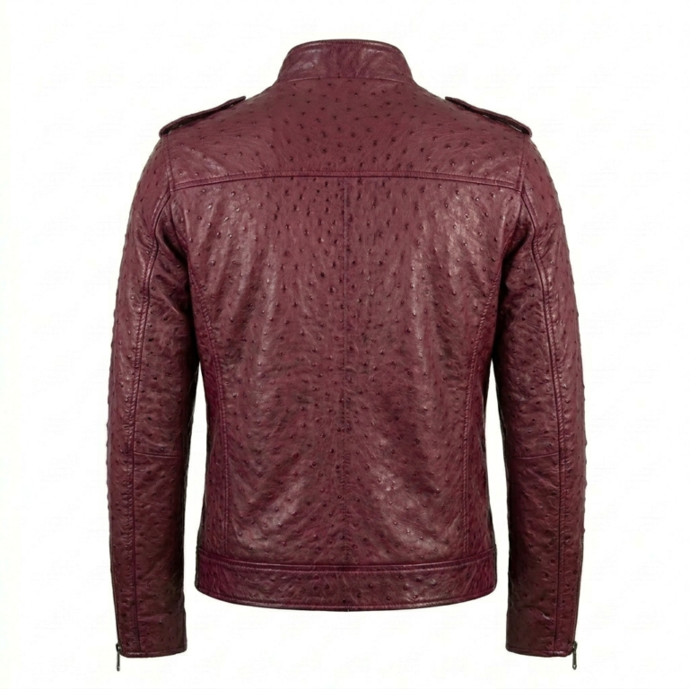 Men's Premium Burgundy Ostrich Embossed Leather Jacket MAS Leather Garments Back View