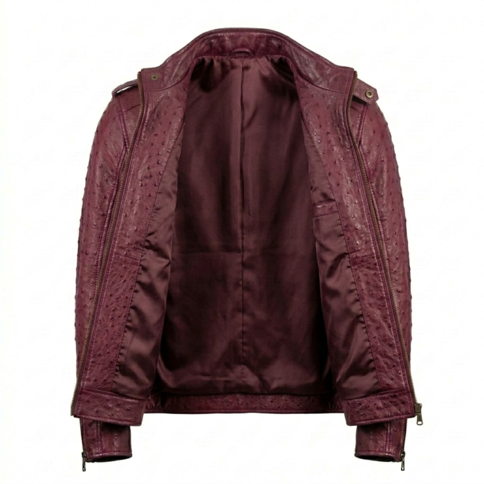 Men's Premium Burgundy Ostrich Embossed Leather Jacket MAS Leather Garments Inner view
