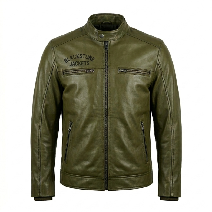 Men's Premium Green Embroidered Leather Jacket MAS Leather Garments