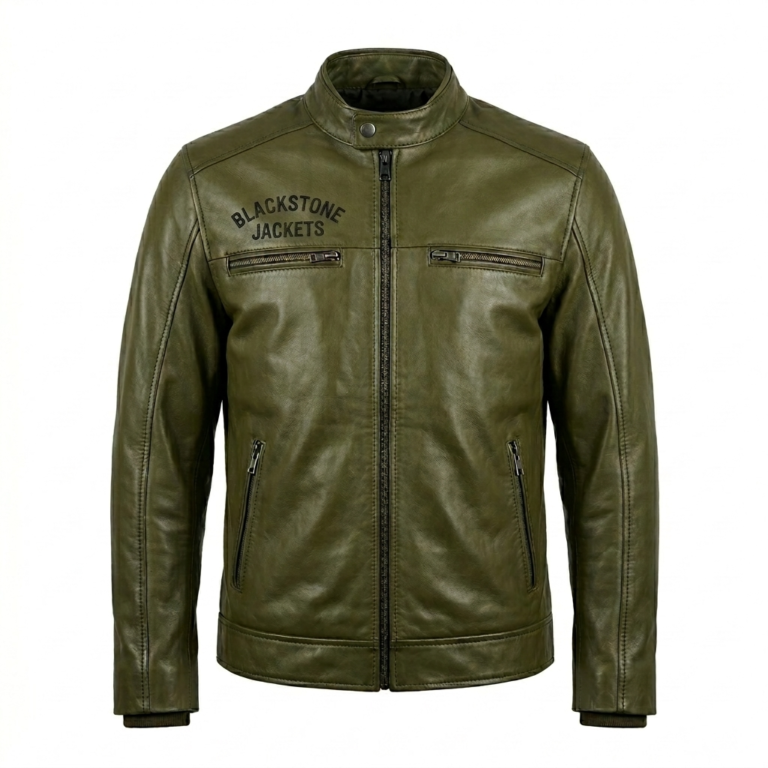 Men's Premium Green Embroidered Leather Jacket MAS Leather Garments