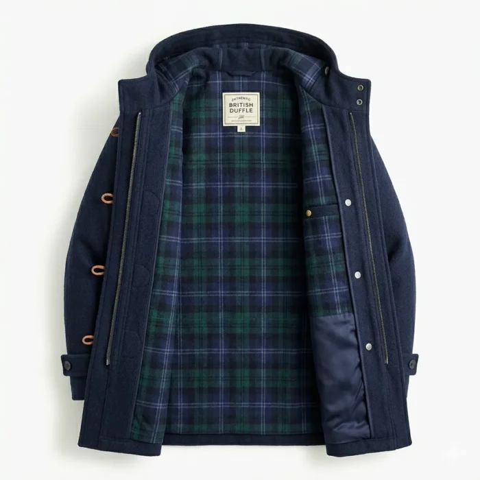 Modern Men's Navy Blue Wool Duffle Coat Sale front MAS Leather Garments