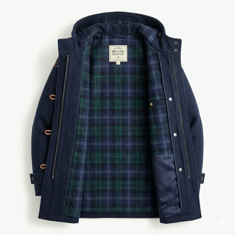 Modern Men's Navy Blue Wool Duffle Coat Sale front MAS Leather Garments