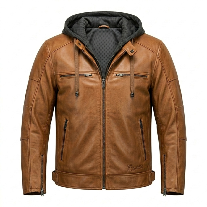 Opulent Men's Brown Leather Hooded Jacket MAS Leather Garments