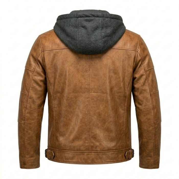 Opulent Men's Brown Leather Hooded Jacket MAS Leather Garments Back View