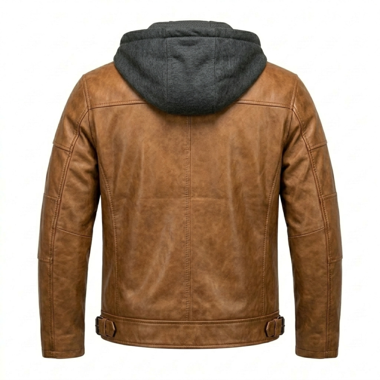 Opulent Men's Brown Leather Hooded Jacket MAS Leather Garments Back View
