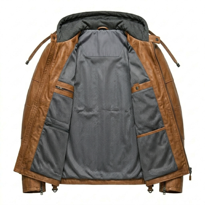 Opulent Men's Brown Leather Hooded Jacket MAS Leather Garments Inner View