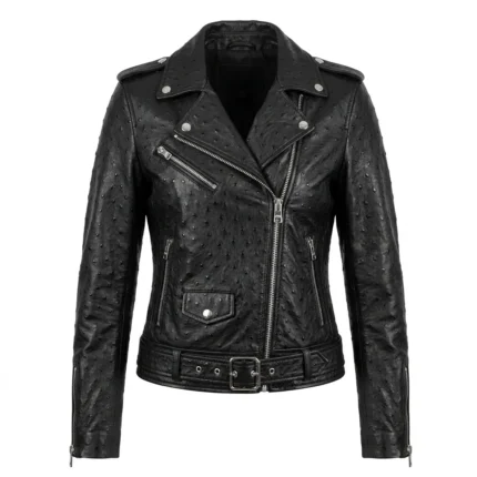 Performance Wear Women's Black Ostrich Embossed Leather Jacket MAS Leather Garments