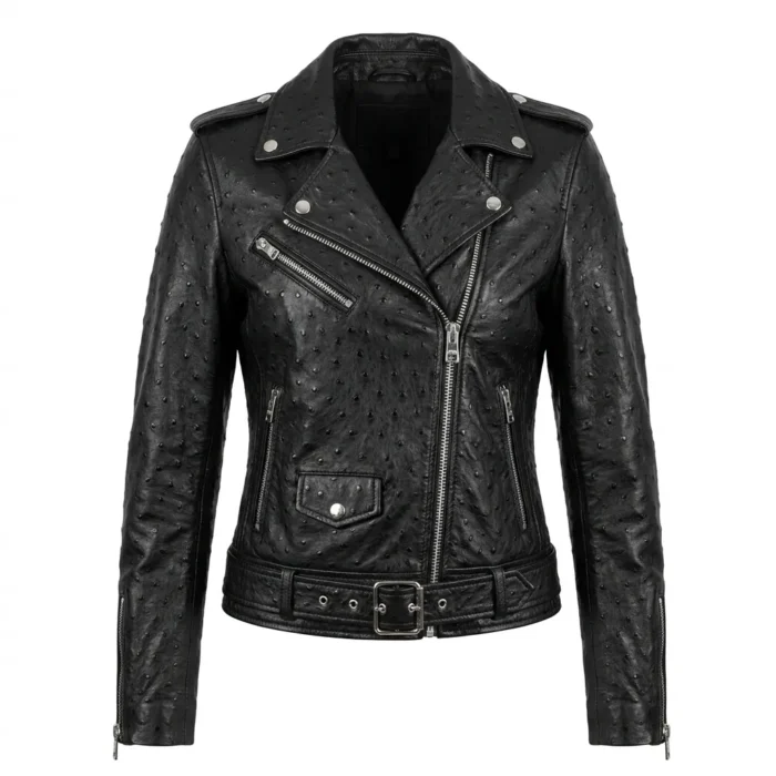 Performance Wear Women's Black Ostrich Embossed Leather Jacket MAS Leather Garments
