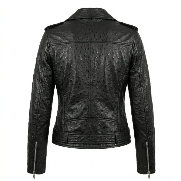Performance Wear Women's Black Ostrich Embossed Leather Jacket MAS Leather Garments Back View