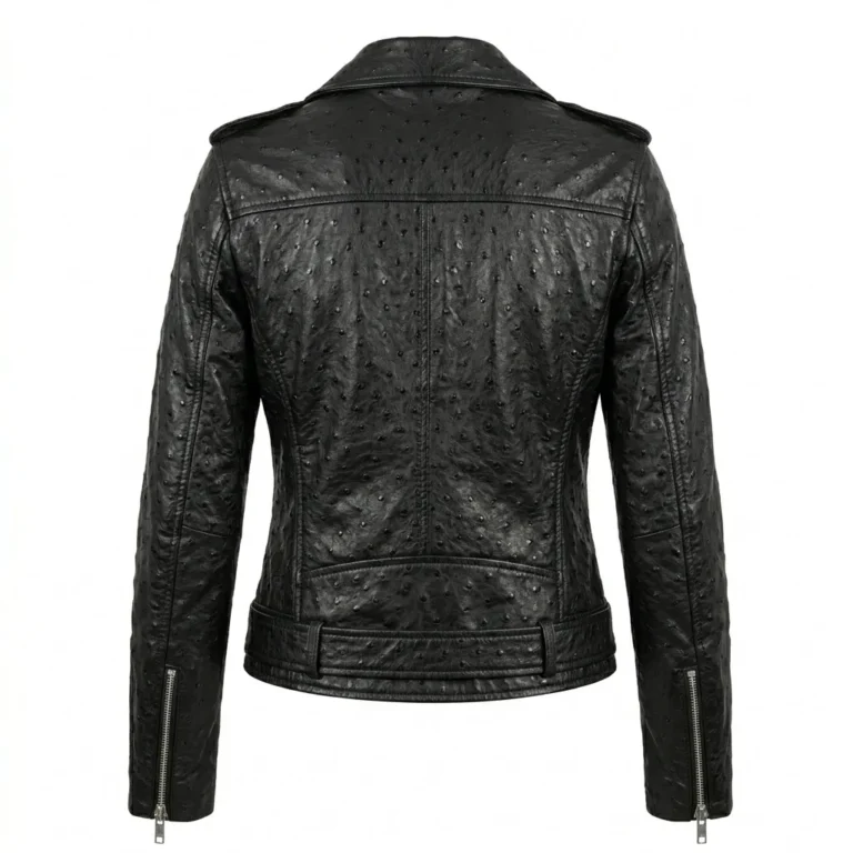 Performance Wear Women's Black Ostrich Embossed Leather Jacket MAS Leather Garments Back View