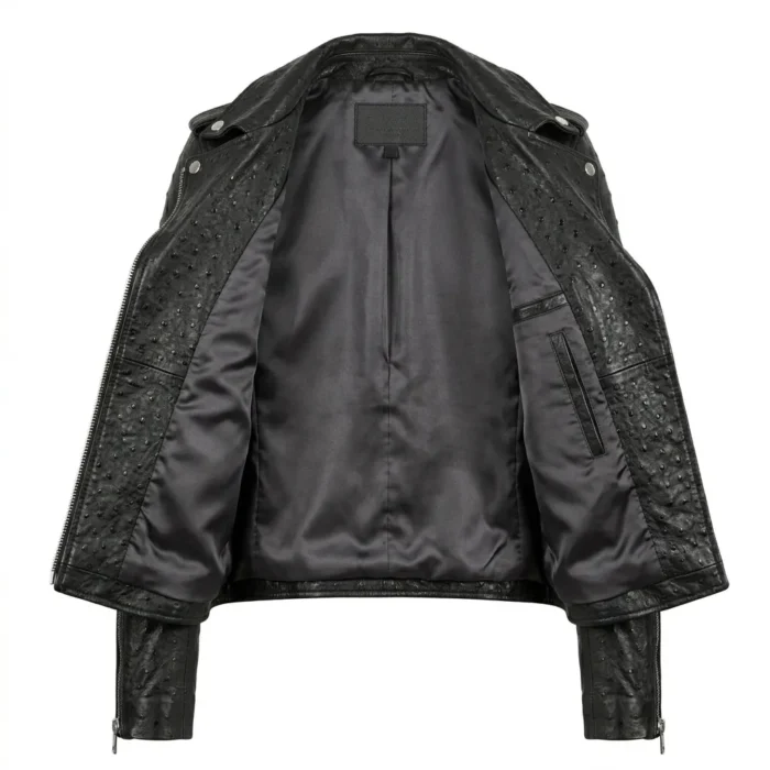Performance Wear Women's Black Ostrich Embossed Leather Jacket MAS Leather Garments Inner View