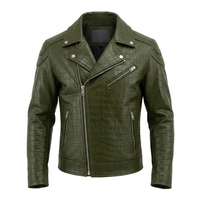Premium Green Crocodile Embossed Mens Leather Jacket MAS Leather Garments