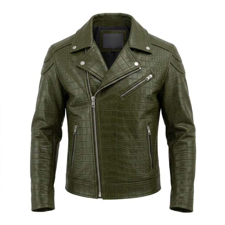 Premium Green Crocodile Embossed Mens Leather Jacket MAS Leather Garments