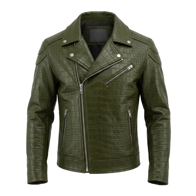 Premium Green Crocodile Embossed Mens Leather Jacket MAS Leather Garments