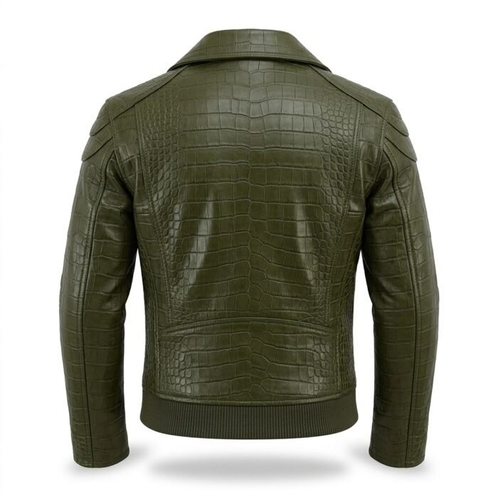 Premium Green Crocodile Embossed Mens Leather Jacket MAS Leather Garments Back View