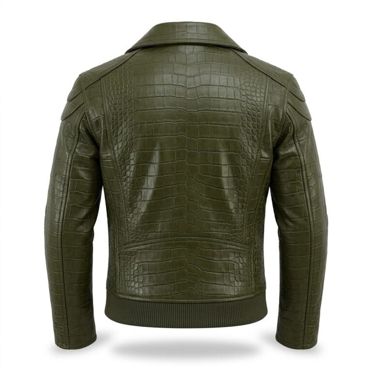 Premium Green Crocodile Embossed Mens Leather Jacket MAS Leather Garments Back View