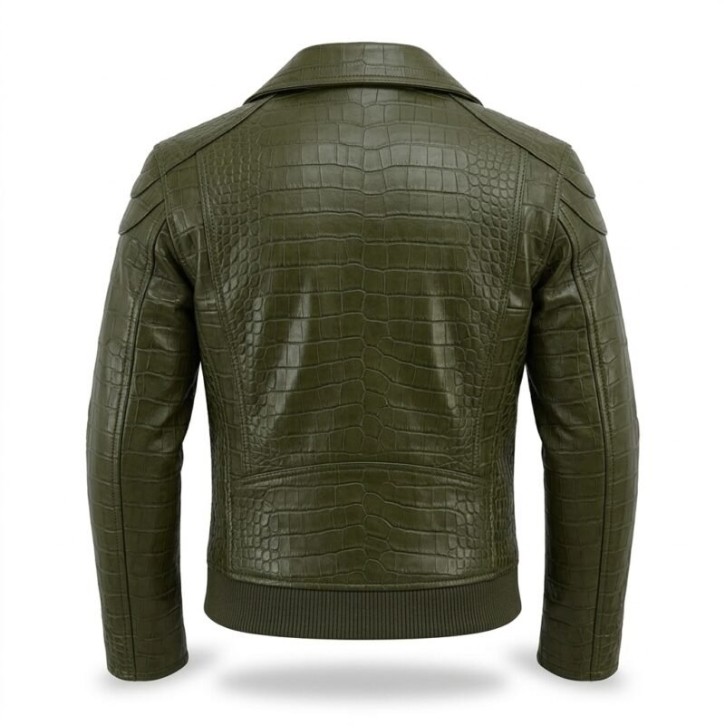 Premium Green Crocodile Embossed Mens Leather Jacket MAS Leather Garments Back View