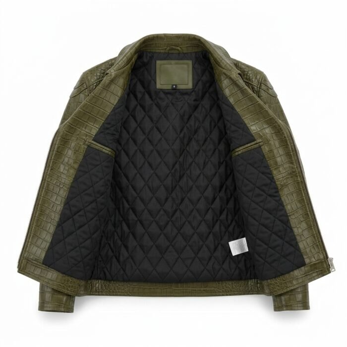 Premium Green Crocodile Embossed Mens Leather Jacket MAS Leather Garments Inner View