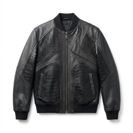 Premium Men's Black Crocodile Embossed Bomber Leather Jacket MAS Leather Garments