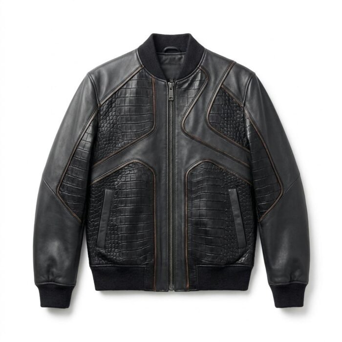 Premium Men's Black Crocodile Embossed Bomber Leather Jacket MAS Leather Garments