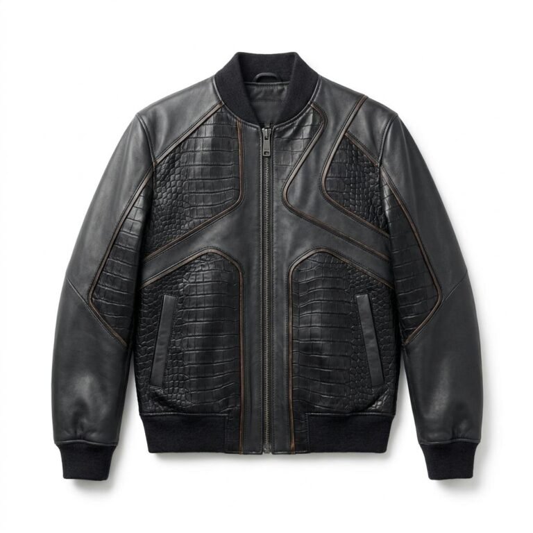 Premium Men's Black Crocodile Embossed Bomber Leather Jacket MAS Leather Garments